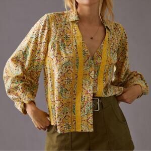 Anthropologie Pilcro Pintuck Peasant Blouse Yellow Floral Lace Size XS